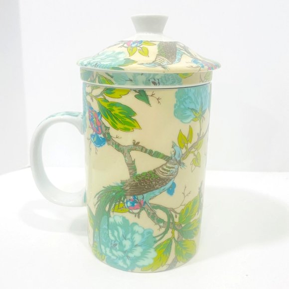 World Market Ceramic Tea Cup Lid & Infuser Basket Asian Peacock Floral 3 Pc - Picture 3 of 11